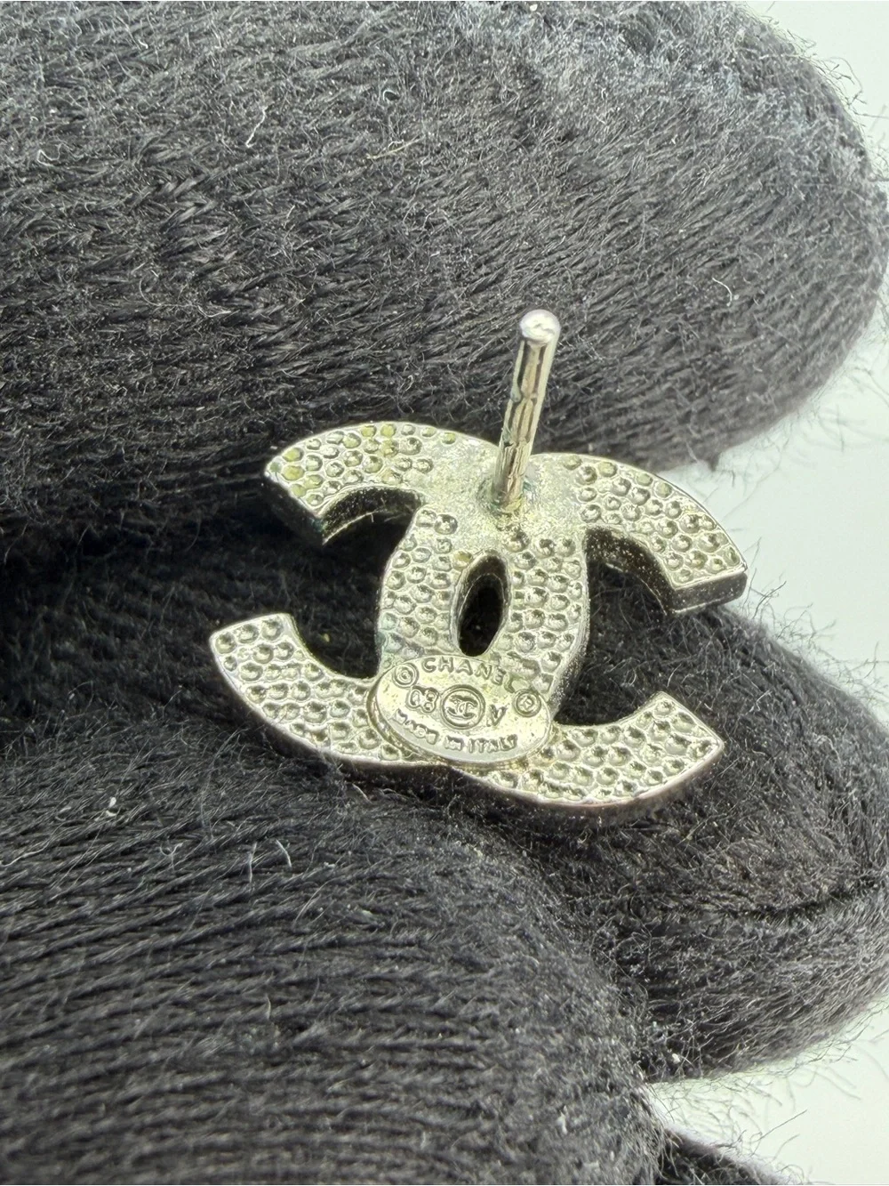 Chanel Silver Rhinestone Stud Earrings Silvery Metal